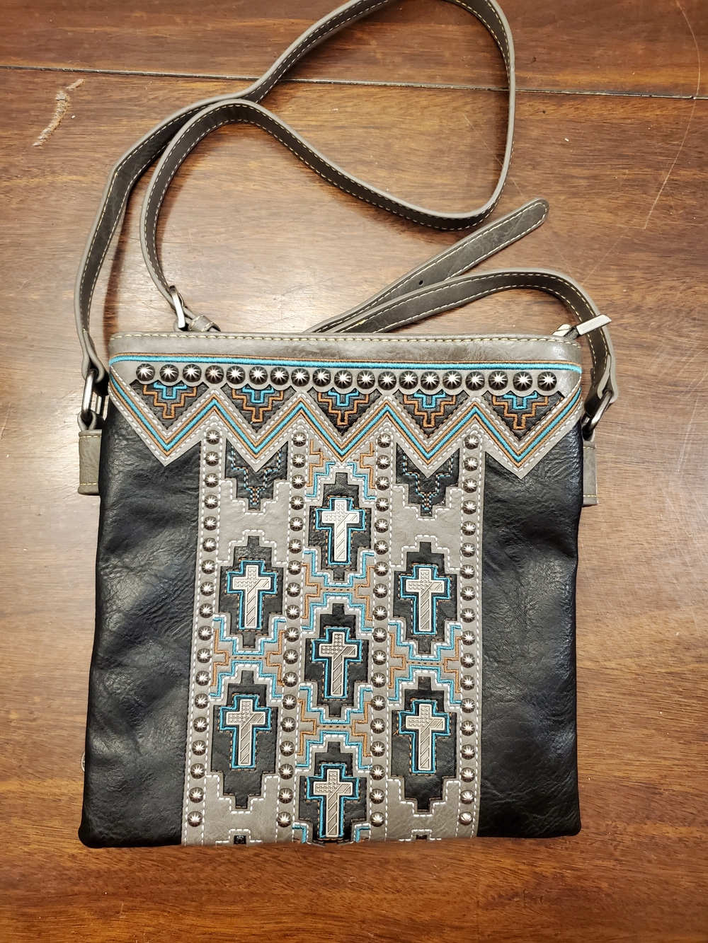 Montana West Black, Brown & Turquoise Embroidered Cross Crossbody Leather Purse